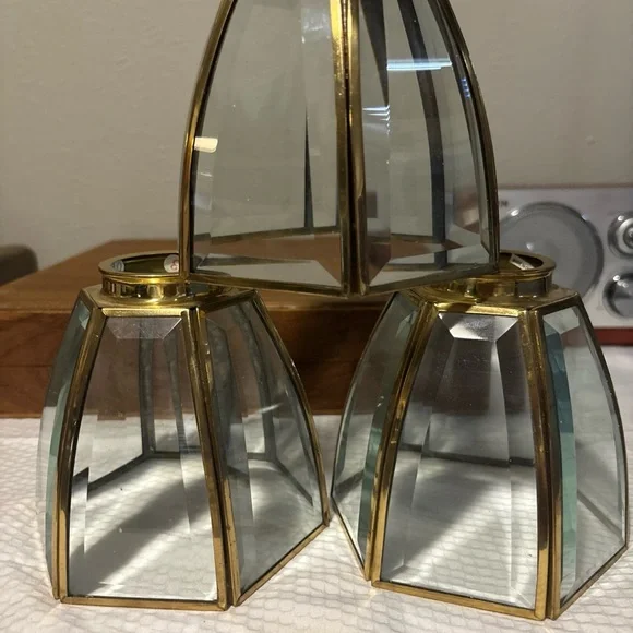 3x Brass Beveled Glass Chandelier Lamp Shades Brass Ceiling light 6 Sided - Picture 1 of 4